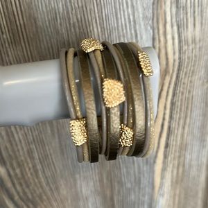 Gold, gray and bronze leather cuff bracelet with magnetic closure